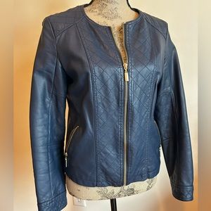 Alfani faux leather jacket with stitching in navy blue, size small.